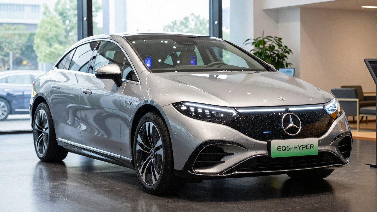 Silberner Mercedes EQS-Hyper Elektro-Limousine im Showroom vor großen Fenstern und moderner Einrichtung.