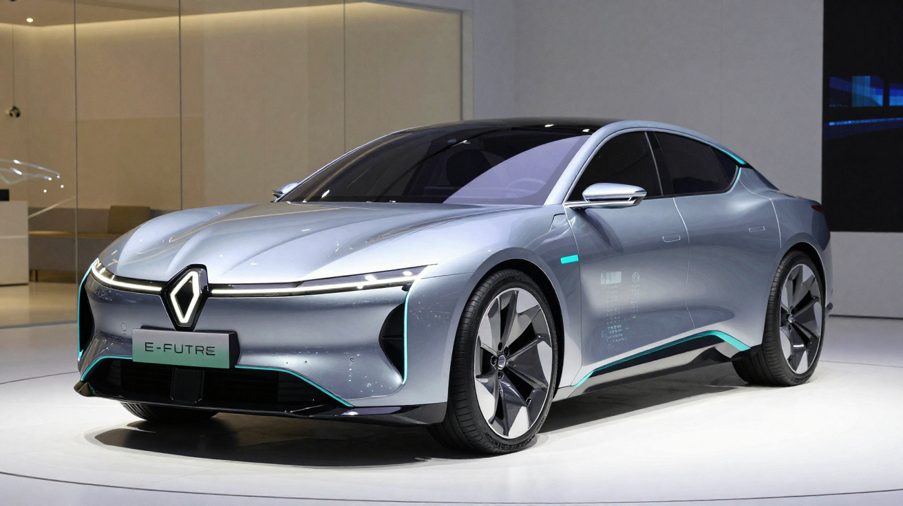 Silberner Renault E-Futre Elektro-Limousine mit futuristischem Design in einem Ausstellungsraum.