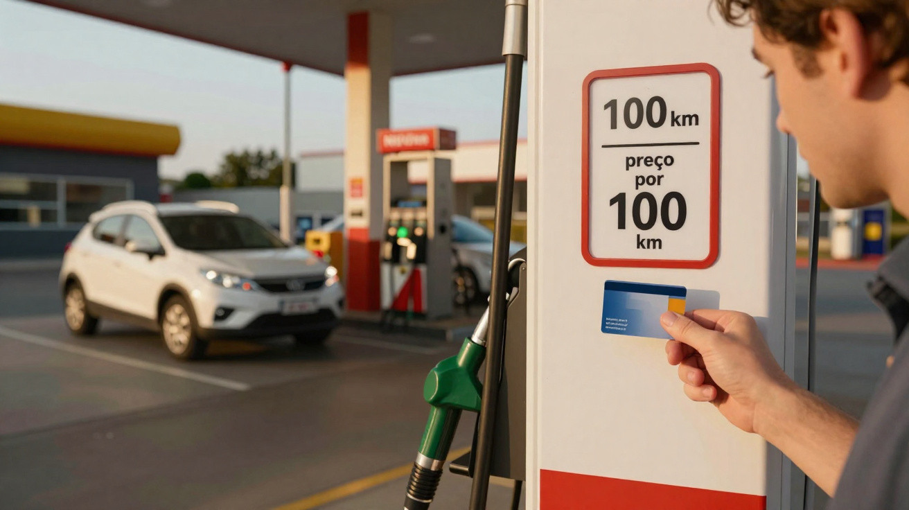 Mann bezahlt kontaktlos an Zapfsäule einer Tankstelle, weißes Auto im Hintergrund, Preisschild 100 km pro 100 km.