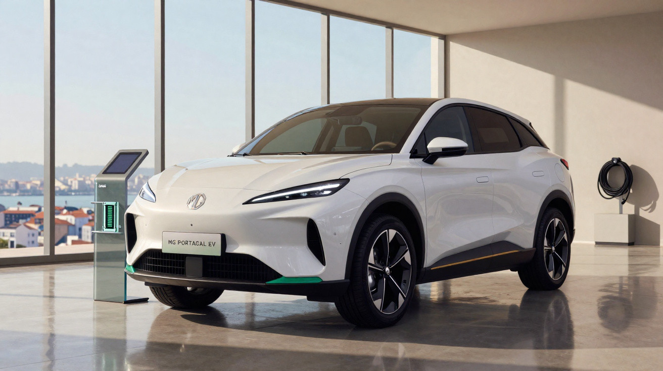 Weißes Elektro-SUV MG Portugal EV lädt in modernem Raum mit großen Fenstern und Stadtblick.