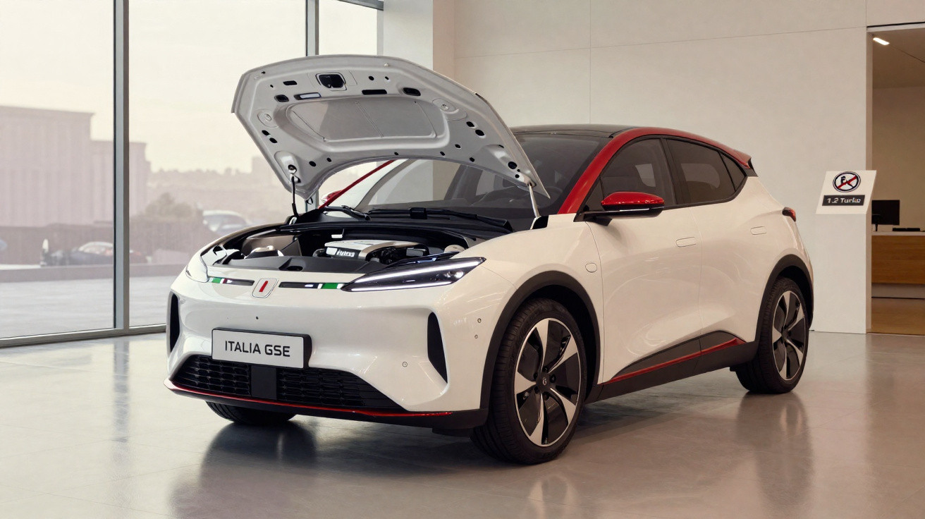 Weißer Italien GSE E-Auto mit geöffneter Motorhaube in modernem Ausstellungsraum.