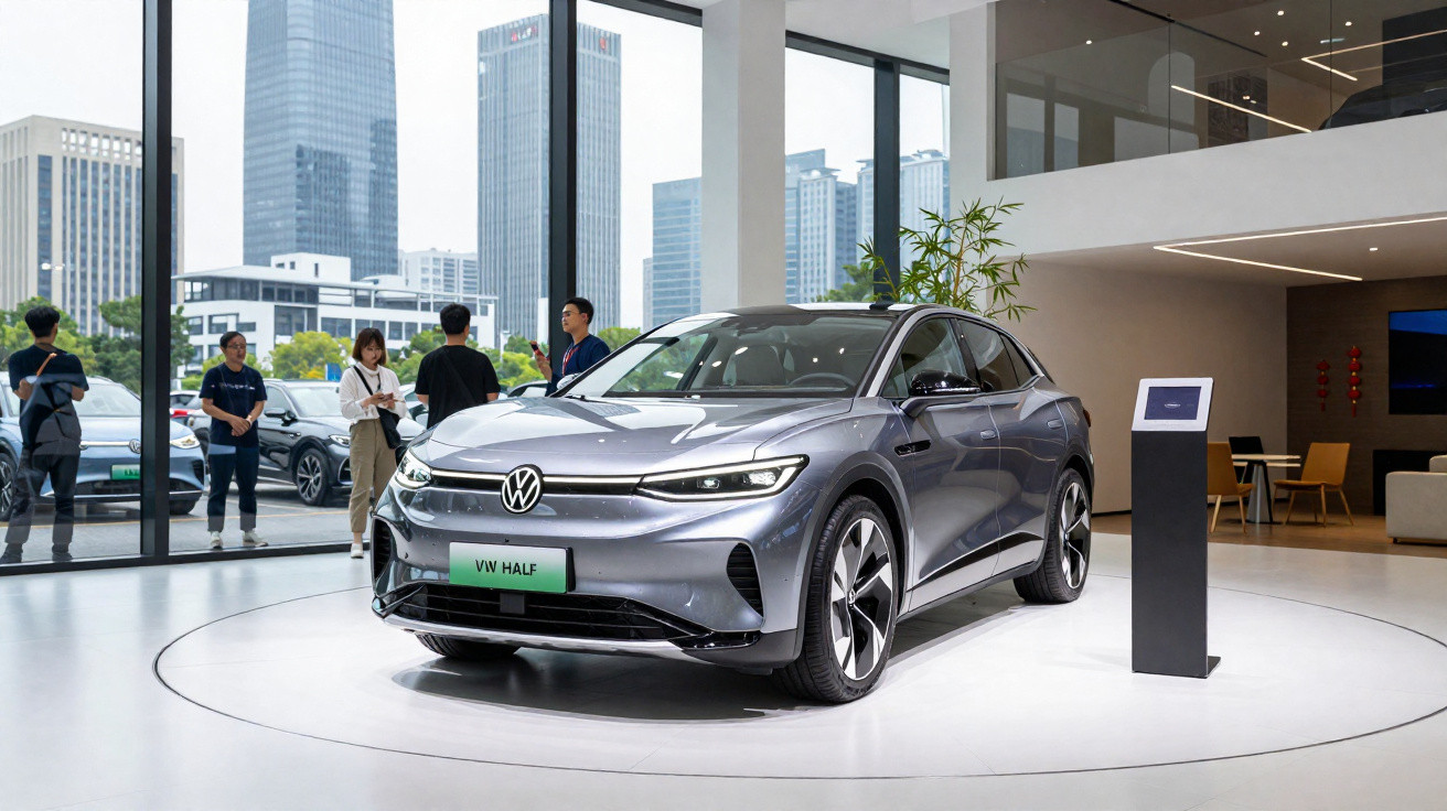 Silberner VW Half Elektro-SUV in moderner Ausstellung mit Glasfront und Stadtgebäude im Hintergrund.