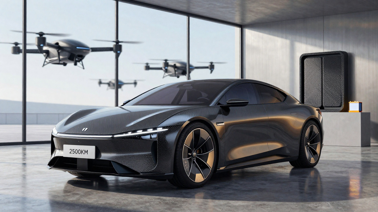 Schwarzer Sportwagen in futuristischem Raum mit zwei fliegenden Drohnen und großen Fenstern im Hintergrund.