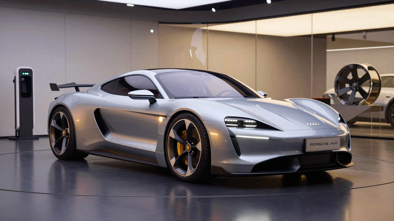 Silberner Porsche Taycan mit schwarzem Spoiler im Showroom neben Ladestation und Felge.
