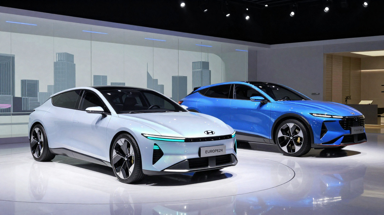 Zwei futuristische Elektroautos von Hyundai, eines weiß und eines blau, auf einem Ausstellungsstand mit Stadtbild-Hintergrund