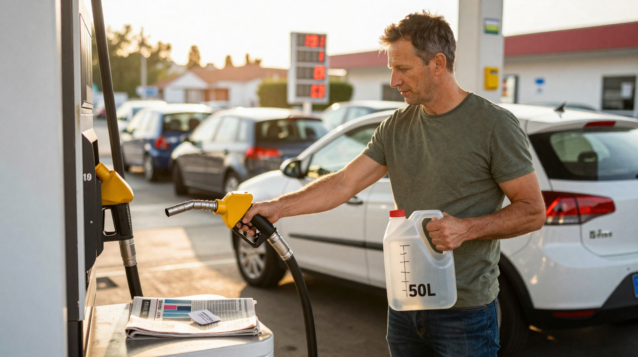 Mann füllt mit Zapfpistole einen 50-Liter-Kanister an einer Tankstelle bei Sonnenuntergang.