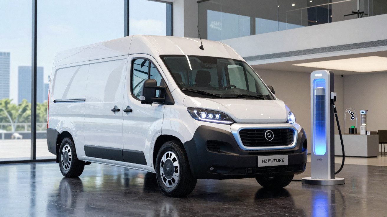 Weißer Elektrolieferwagen neben Ladestation in modernem Showroom mit großer Glasfront.