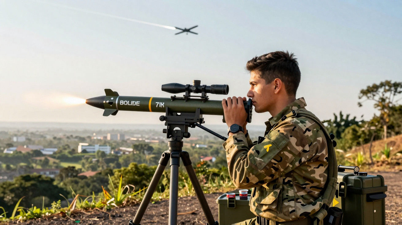 Soldat in Tarnuniform bedient eine tragbare Panzerabwehrrakete in hügeliger Landschaft bei Tageslicht.