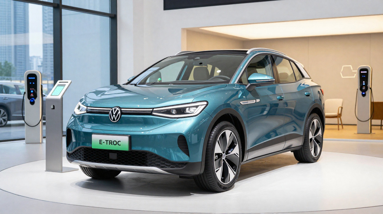 Blauer Volkswagen E-TROC Elektro-SUV im Ausstellungsraum neben Ladestationen.