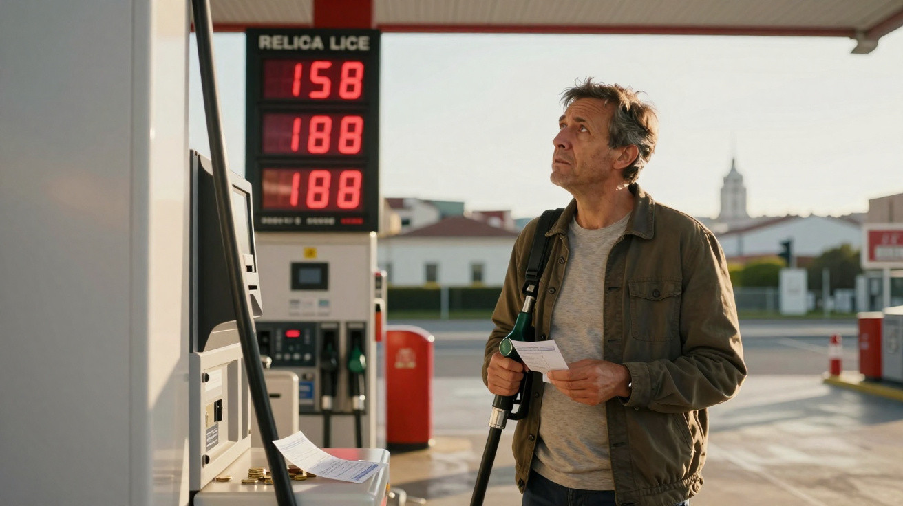 Mann steht an Tankstelle, hält Zapfpistole und blickt auf Preistafel mit Benzinpreisen.