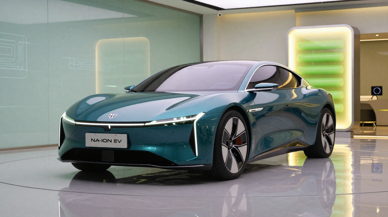 Elegantes, blau-grünes Elektroauto NA-ION EV in modernem Showroom mit spiegelnder Fläche.