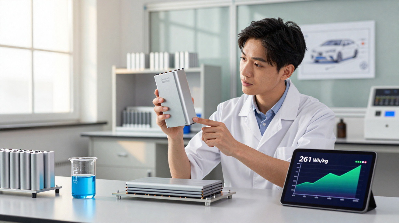 Forschender im Labor untersucht und erklärt eine große Batterie vor einem Tablet mit Energiestatistik.
