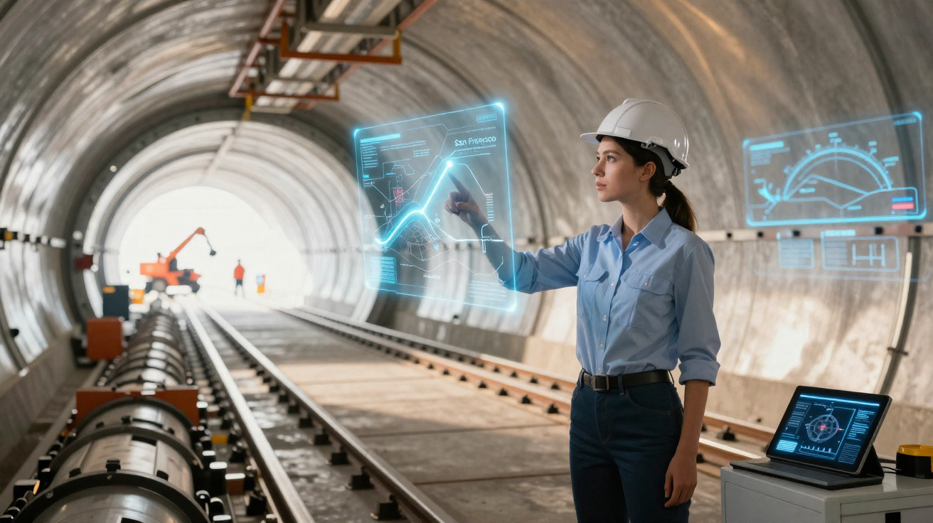 Ingenieurin mit Schutzhelm analysiert holografische Daten in einem Tunnel über Bahngleisen.