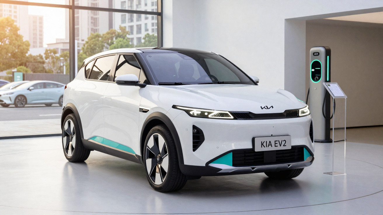 Weißer Kia EV2 Elektro-SUV in modernem Showroom neben Ladestation, urbaner Hintergrund mit Gebäuden.