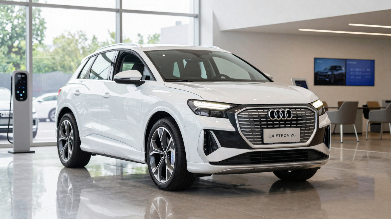 Weißer Audi Q4 e-tron SUV in einem modernen Autohaus mit großen Fenstern und Elektroladestation.