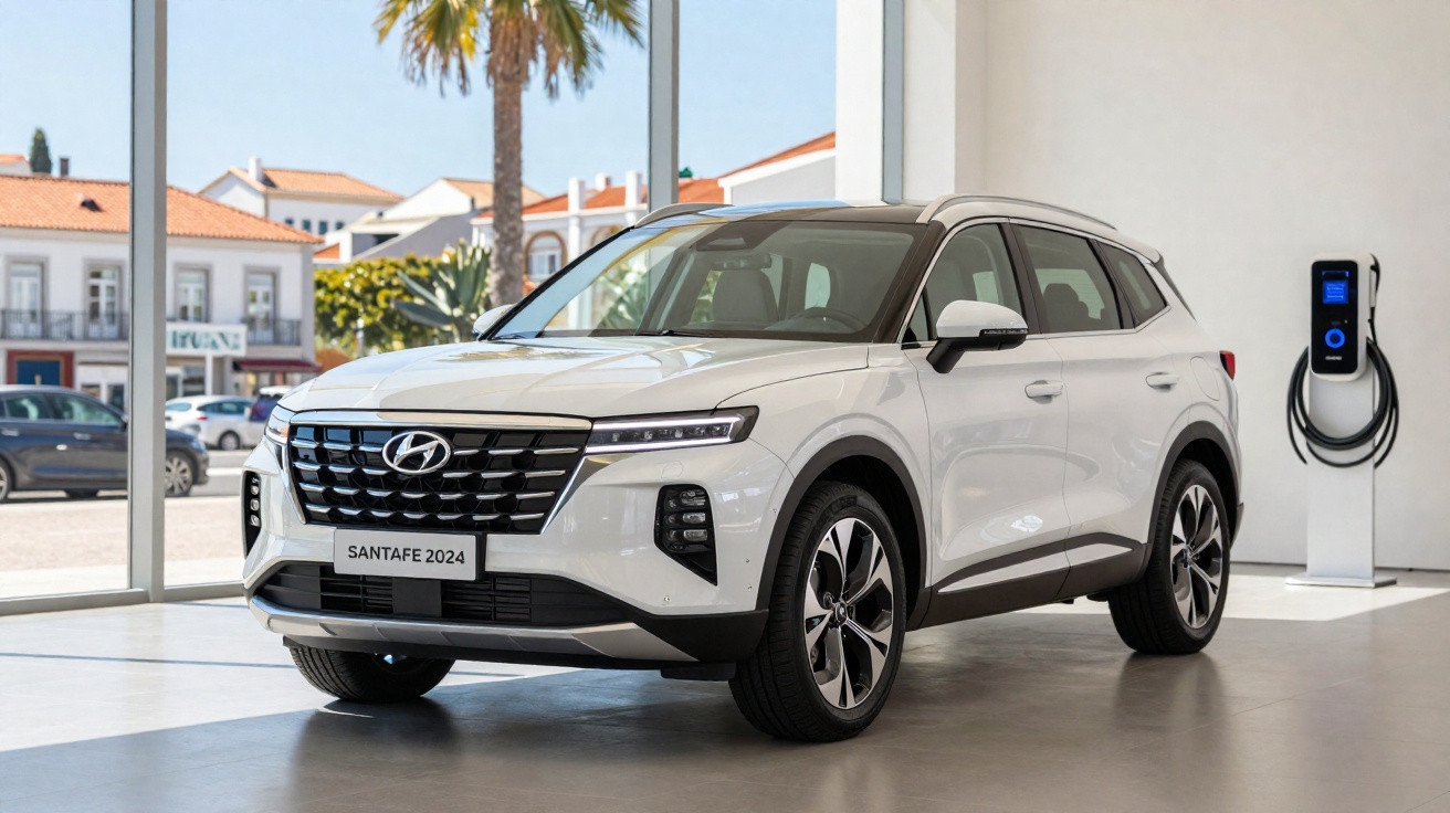 Weißer Hyundai Santa Fe 2024 SUV in einem hellen Raum mit Elektroladestation an der Wand.