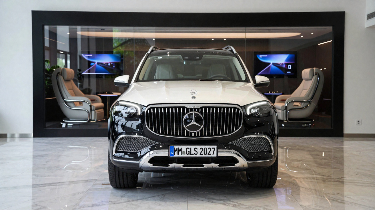 Frontansicht eines glänzenden schwarzen Mercedes-Benz GLS 2027 in einem modernen Ausstellungsraum.