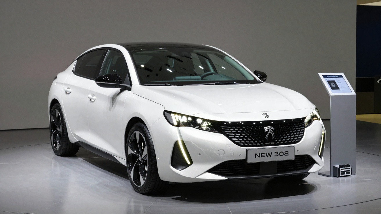 Weißer Peugeot New 308 auf einer Messe, frontal leicht schräg von links fotografiert.