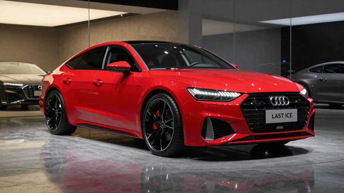Roter Audi Sportwagen mit schwarzem Dach und Sportfelgen in moderner Ausstellungshalle vor grauen Wänden.