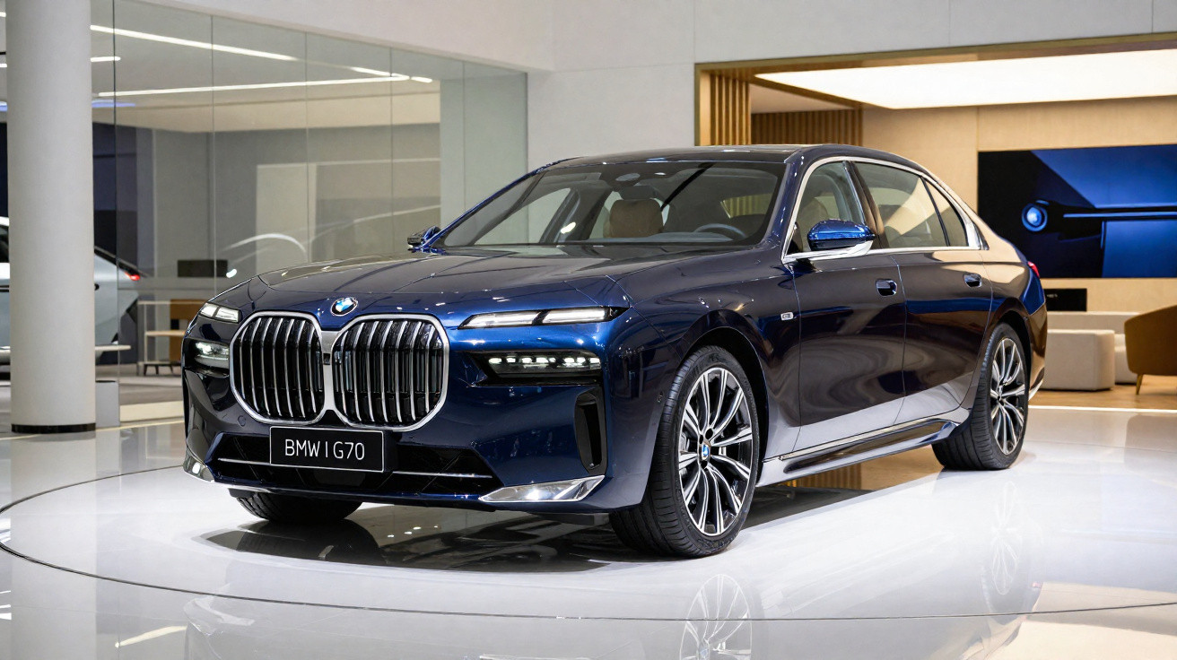 Blauer BMW i7 G70 steht auf weißem Podest in modernem, hellem Ausstellungsraum mit Glaswänden.