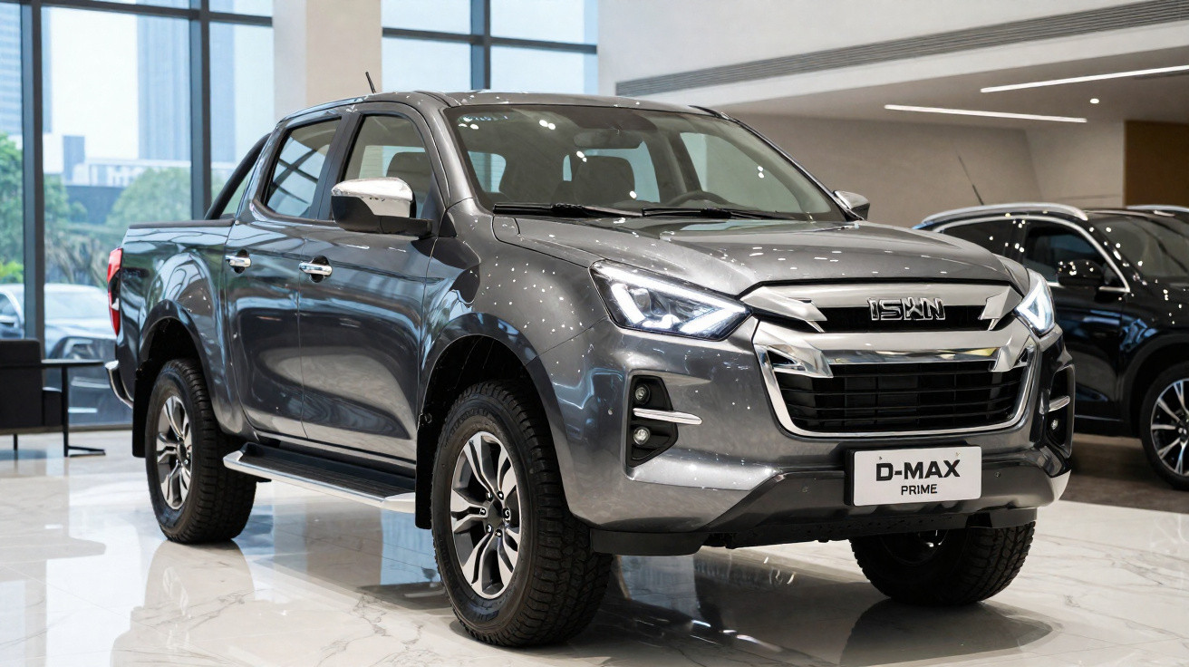 Grau metallic Isuzu D-Max Prime Pickup Truck in moderner Autohaus-Ausstellungshalle.