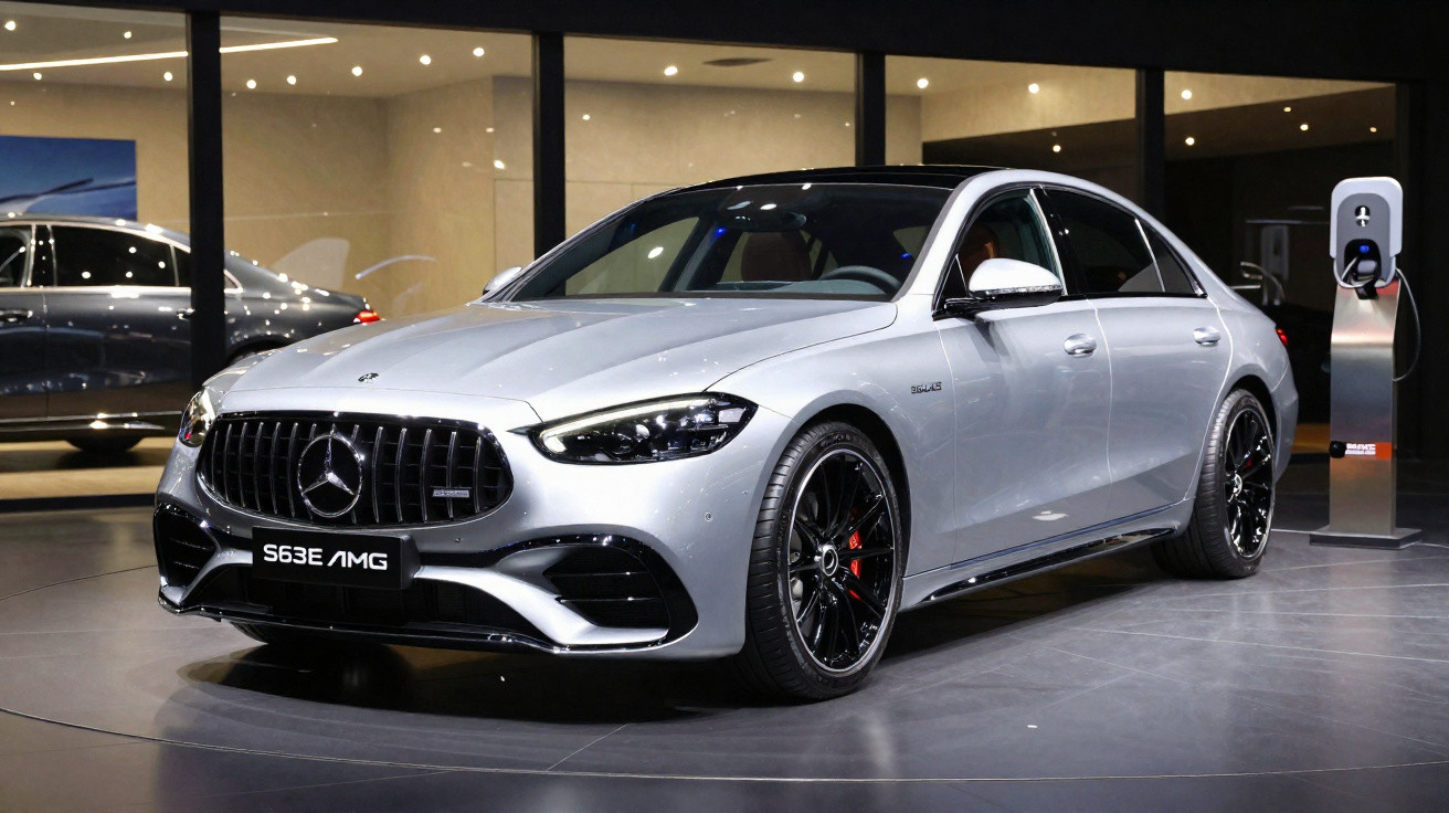 Silberner Mercedes-Benz S63 AMG steht in einem Ausstellungsraum neben einer Ladestation für Elektroautos.