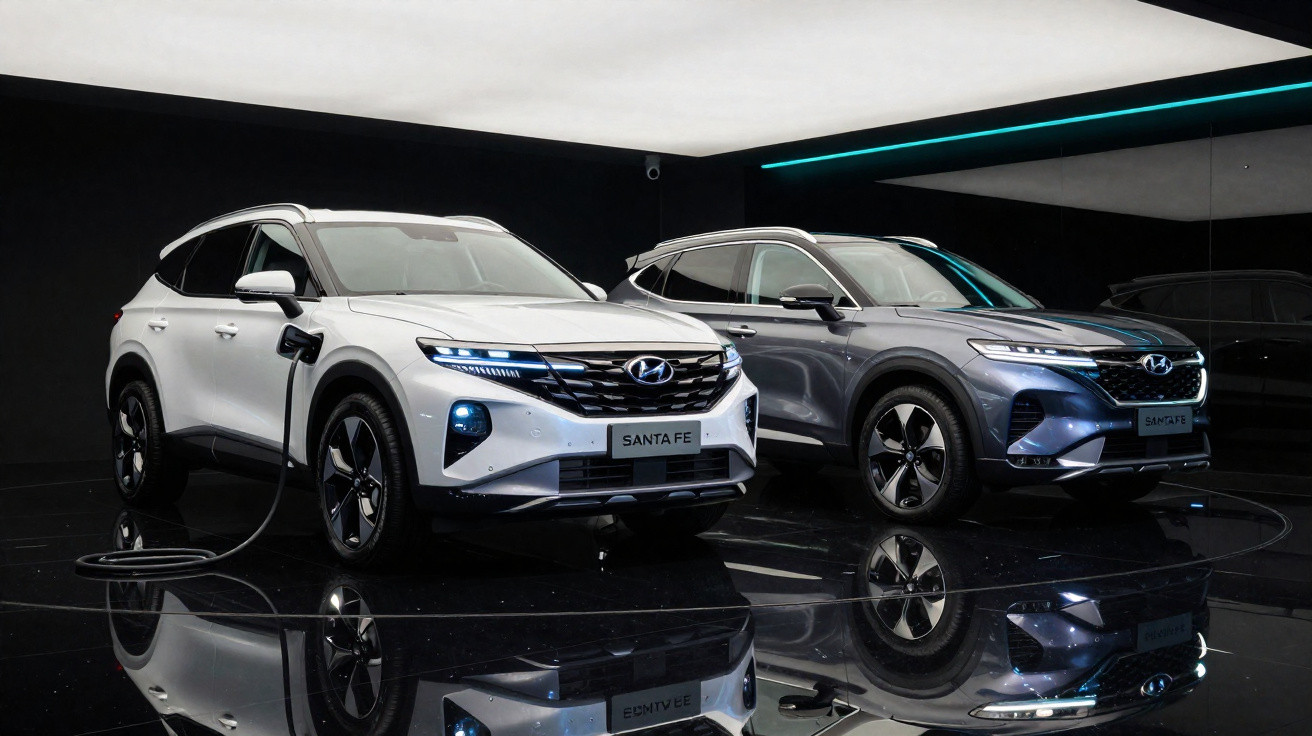 Zwei Hyundai Santa Fe Elektro-SUVs in Weiß und Grau, stehend, mit Ladekabel in moderner Ausstellungshalle.