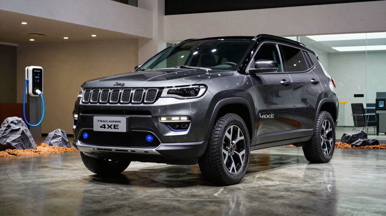 Grauer Jeep Trailhawk 4XE SUV an Ladestation in modernem Innenraum, stehend auf poliertem Betonboden.