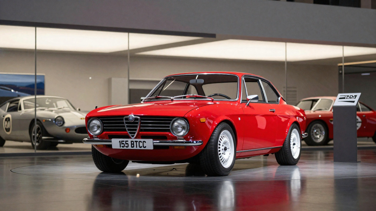 Roter Alfa Romeo Oldtimer in moderner Ausstellung mit weiteren klassischen Fahrzeugen im Hintergrund.
