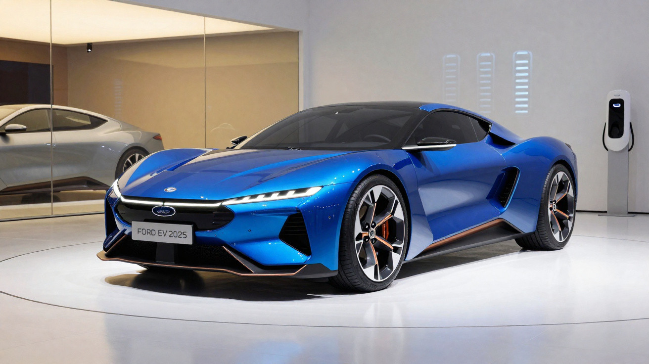 Blauer Ford EV 2025 Sportwagen in moderner Ausstellungshalle mit Ladestation im Hintergrund.
