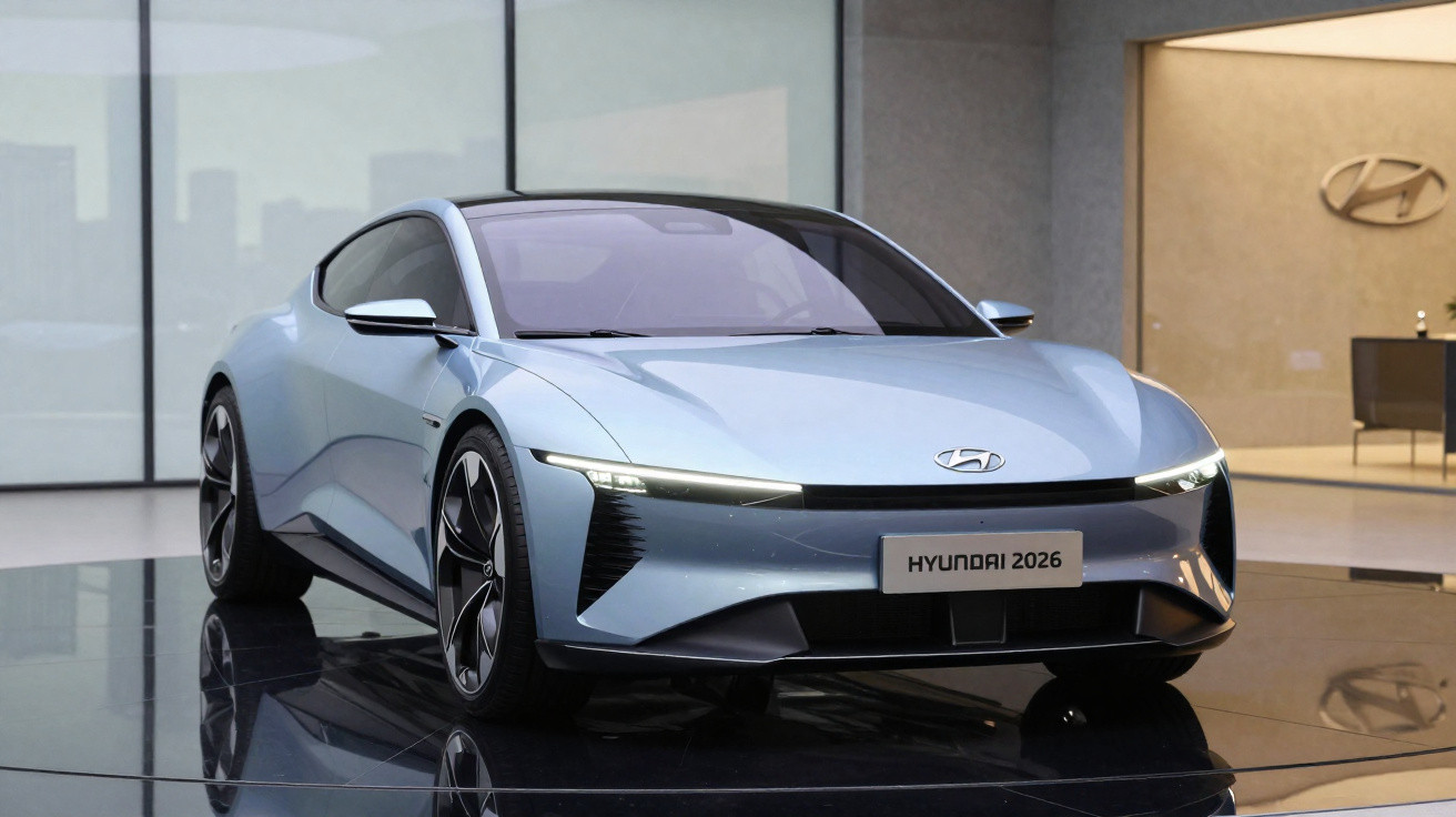 Blauer Hyundai Elektro Sportwagen 2026 Modell stehend in moderner Ausstellungshalle mit Glasfront.