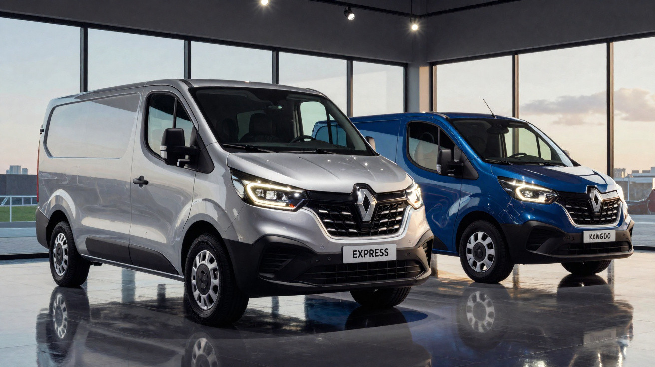 Zwei Renault Transporter, silberner Express und blauer Kangoo, stehen in modernem Showroom mit großen Fenstern.