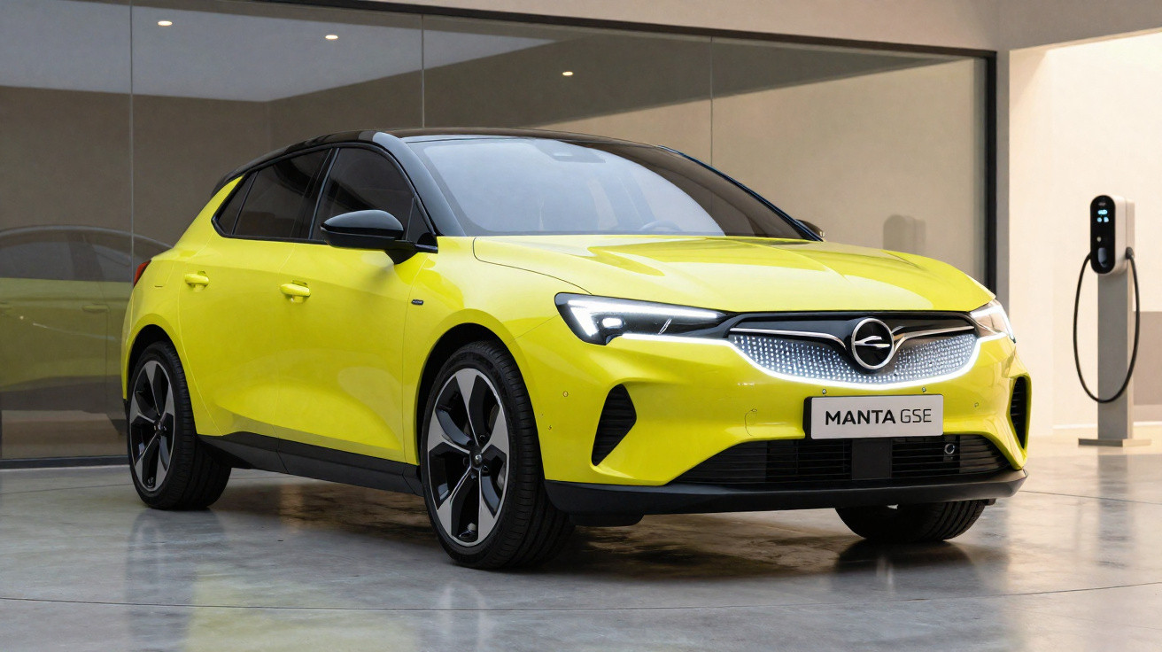 Gelber Opel Manta GSE Elektroauto vor Glaswand in modernem Innenraum mit Ladestation.