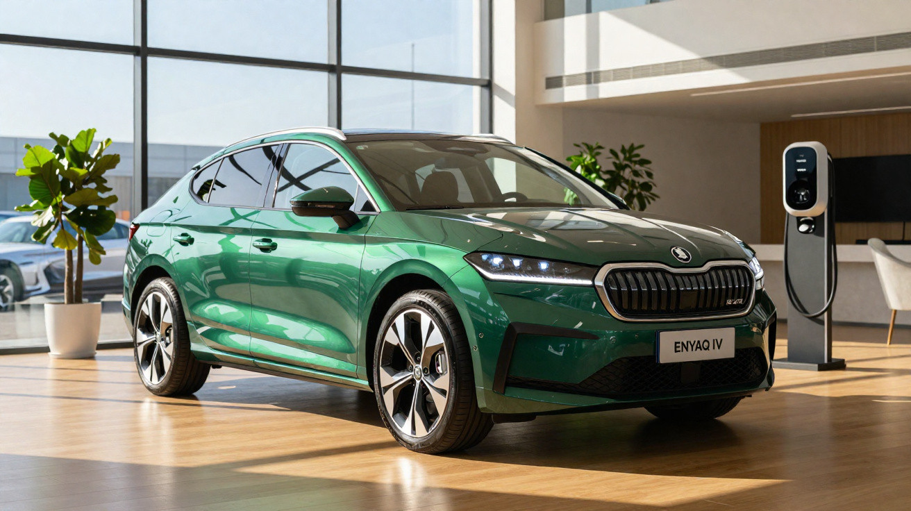 Grünes Škoda ENYAQ iV Elektroauto in modernem Showroom neben Ladestation und Fensterfront bei Tageslicht.