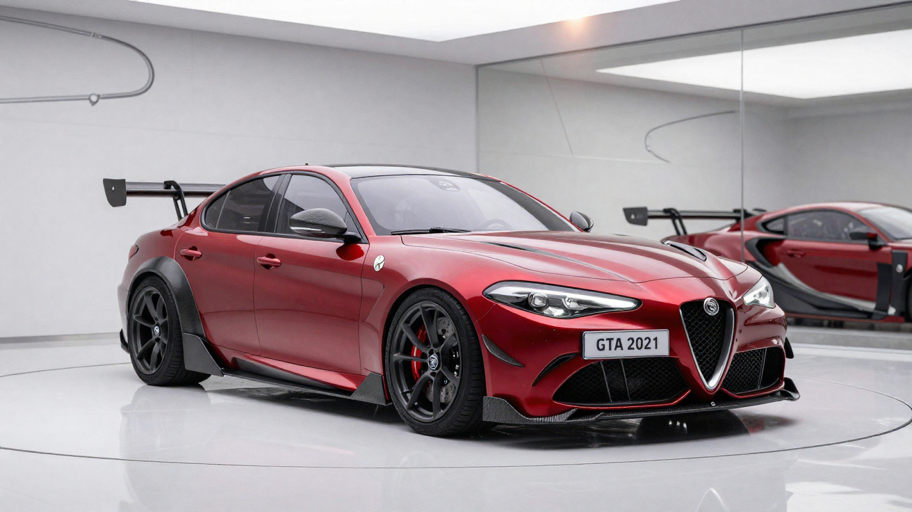 Rotes Alfa Romeo GTA 2021 Sportwagen mit breiter Karosserie und großem Heckflügel in weißem Showroom.
