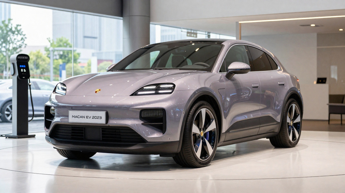Porsche Macan EV 2023 Elektro-SUV in Silber in einem modernen Showroom mit Ladestation im Hintergrund