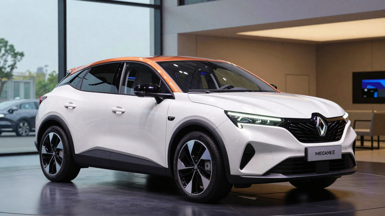 Weißer Renault Megane E SUV mit orangenem Dach in moderner Ausstellungshalle, seitliche Frontansicht.