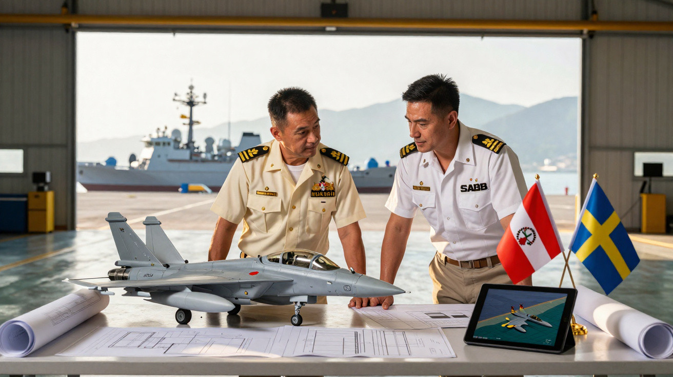 Zwei Militärangehörige besprechen am Tisch mit Flugzeugmodell und Bauplänen in Hangar mit Schiffshintergrund.