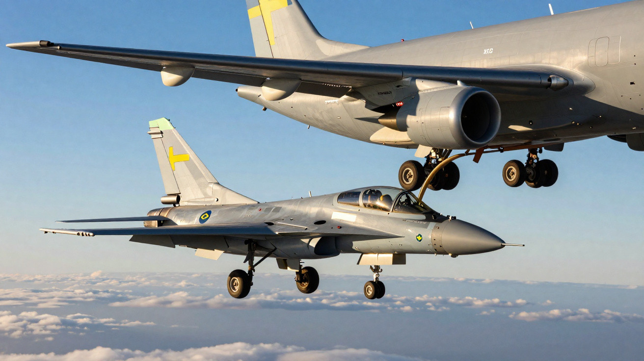 Zwei Militärflugzeuge in großer Höhe über Wolken bei klarem Himmel, eines kleiner vor dem anderen.