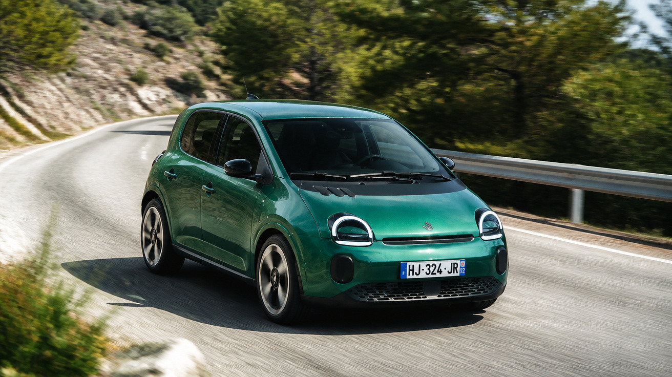 Grüner Kleinwagen fährt auf kurviger Bergstraße mit Begrünung und Leitplanke bei klarem Wetter.