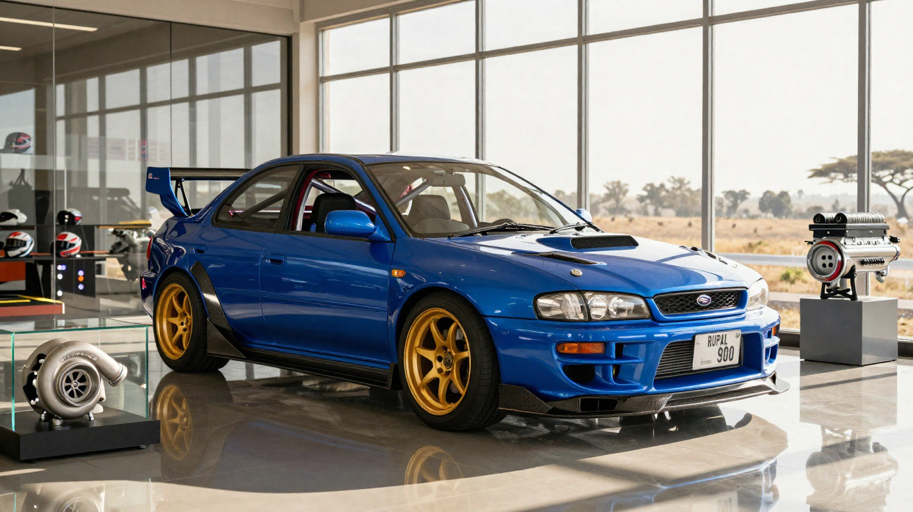 Blauer Subaru Impreza WRX STI mit goldenen Felgen in moderner Ausstellungshalle mit Hochleistungsteilen.