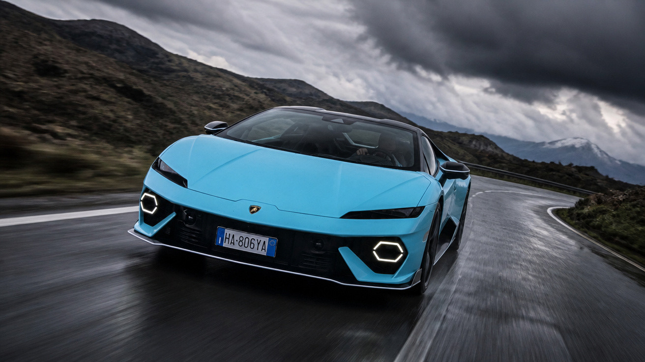 Blauer Lamborghini Huracán auf nasser kurvenreicher Bergstraße bei bewölktem Himmel fahrend.