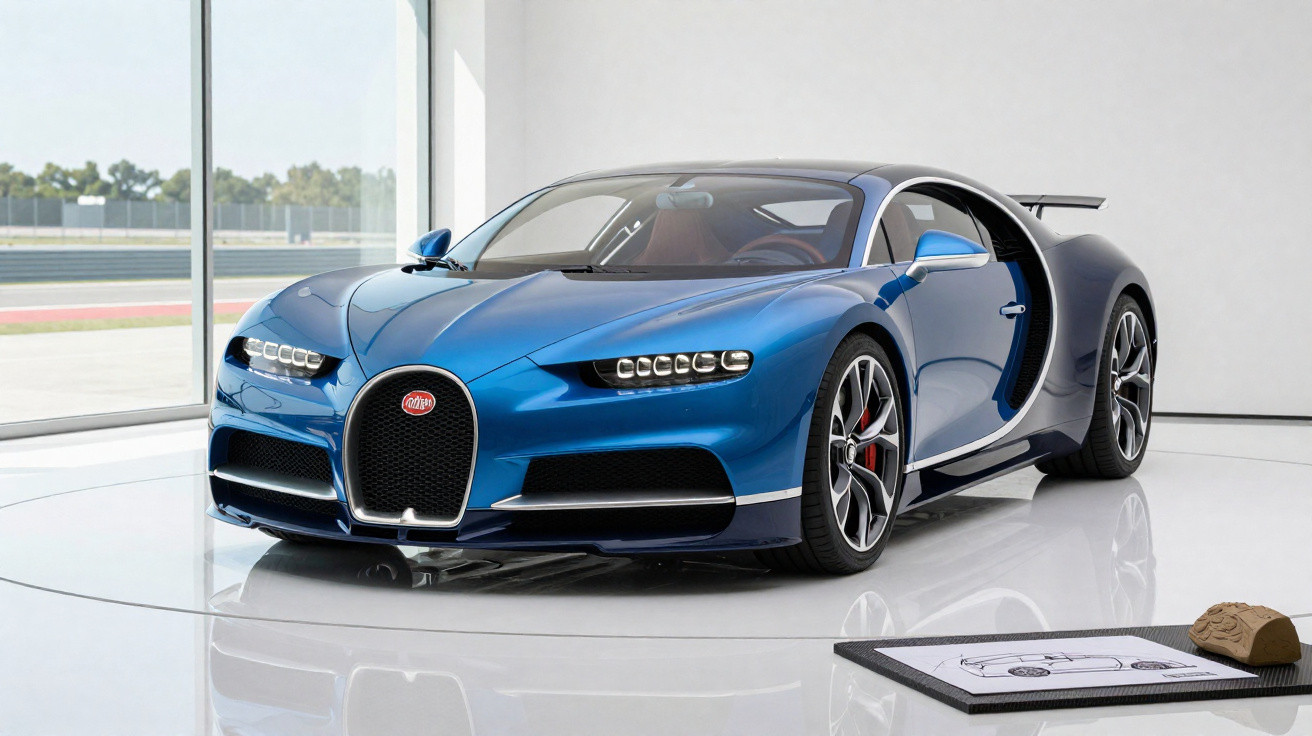 Blauer Bugatti Chiron Supersportwagen in modernem, weißem Showroom vor großen Fenstern.