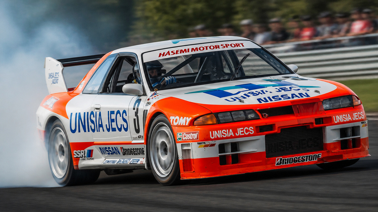 Rennwagen Nissan Skyline GT-R mit Unisia Jecs Design beim Driften auf Rennstrecke vor Zuschauern.