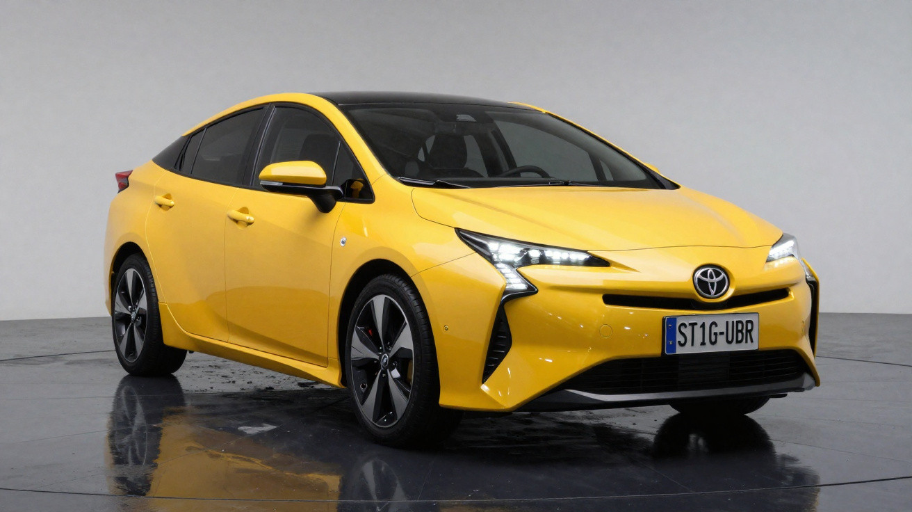 Gelber Toyota Prius Hybrid mit deutschem Kennzeichen in weißem Studio auf spiegelndem Boden