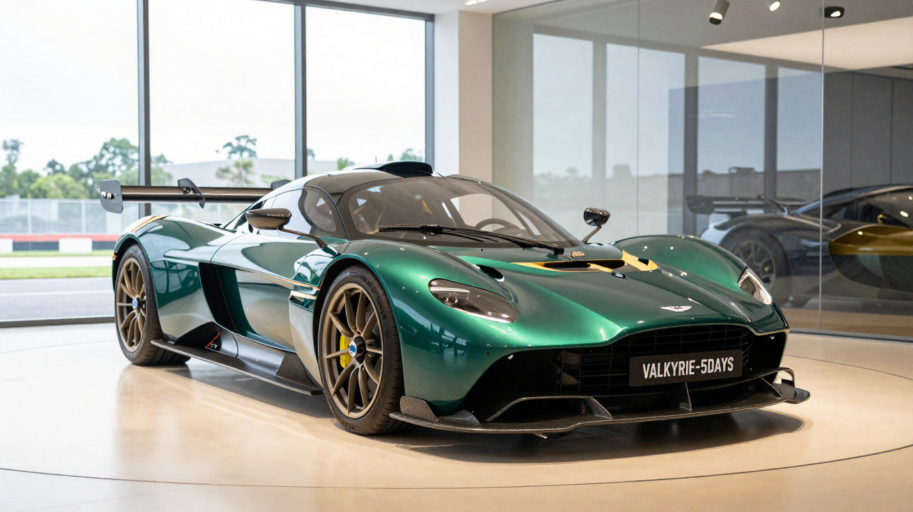 Grüner Aston Martin Valkyrie Supersportwagen im Ausstellungsraum mit großen Fenstern und Spiegelungen.