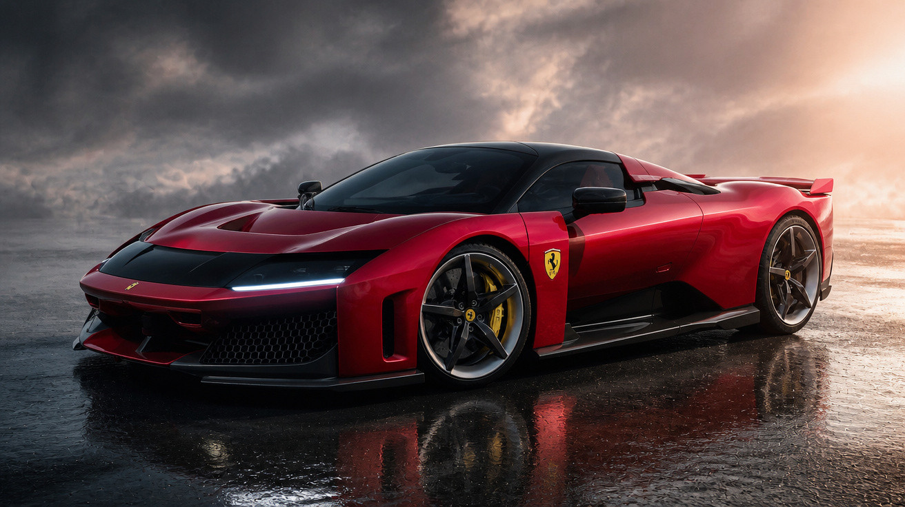Roter Ferrari-Supersportwagen mit schwarzem Dach und aggressivem Design auf nasser Straße bei Sonnenuntergang.
