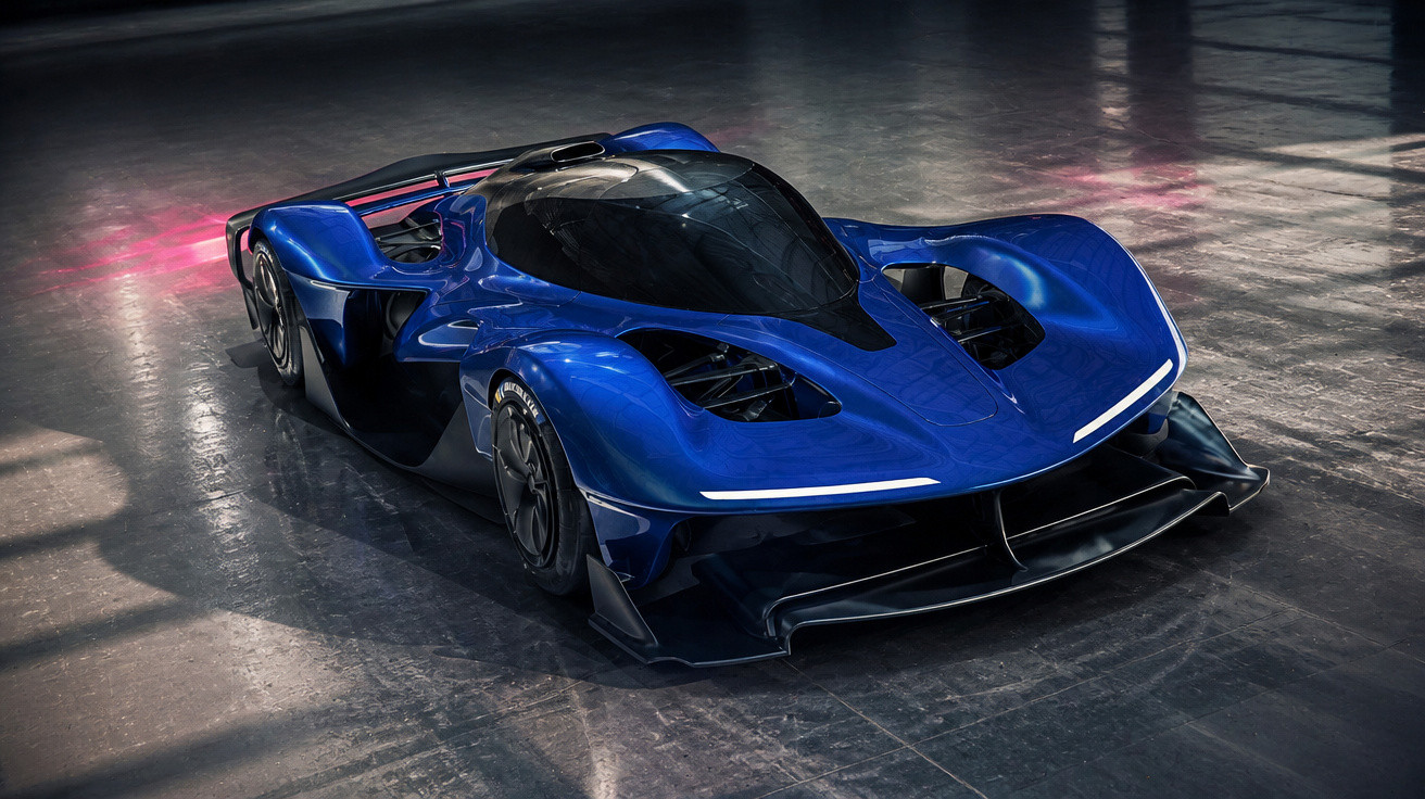 Blauer futuristischer Rennwagen mit aerodynamischem Design und LED-Lichtern auf glänzendem Boden in dunkler Halle.