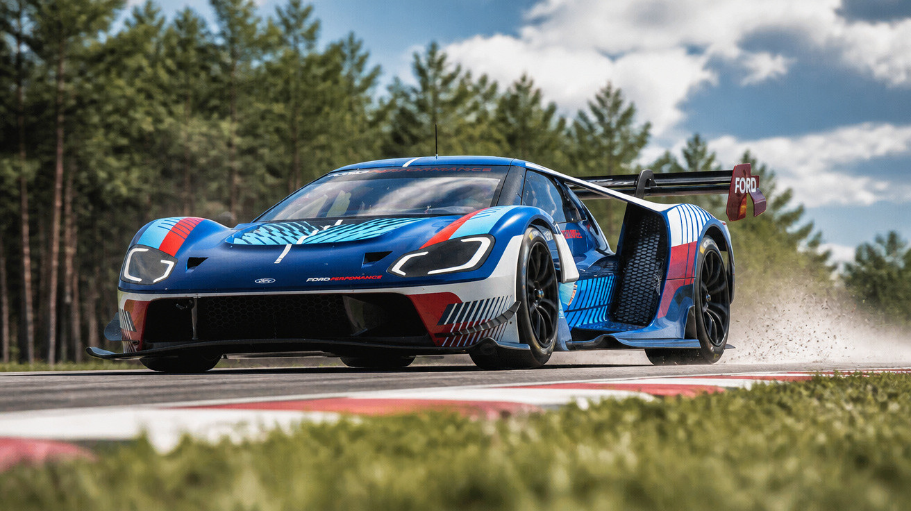 Blauer Ford GT Rennwagen mit Flügeltür auf Rennstrecke vor bewaldetem Hintergrund bei Sonnenschein.