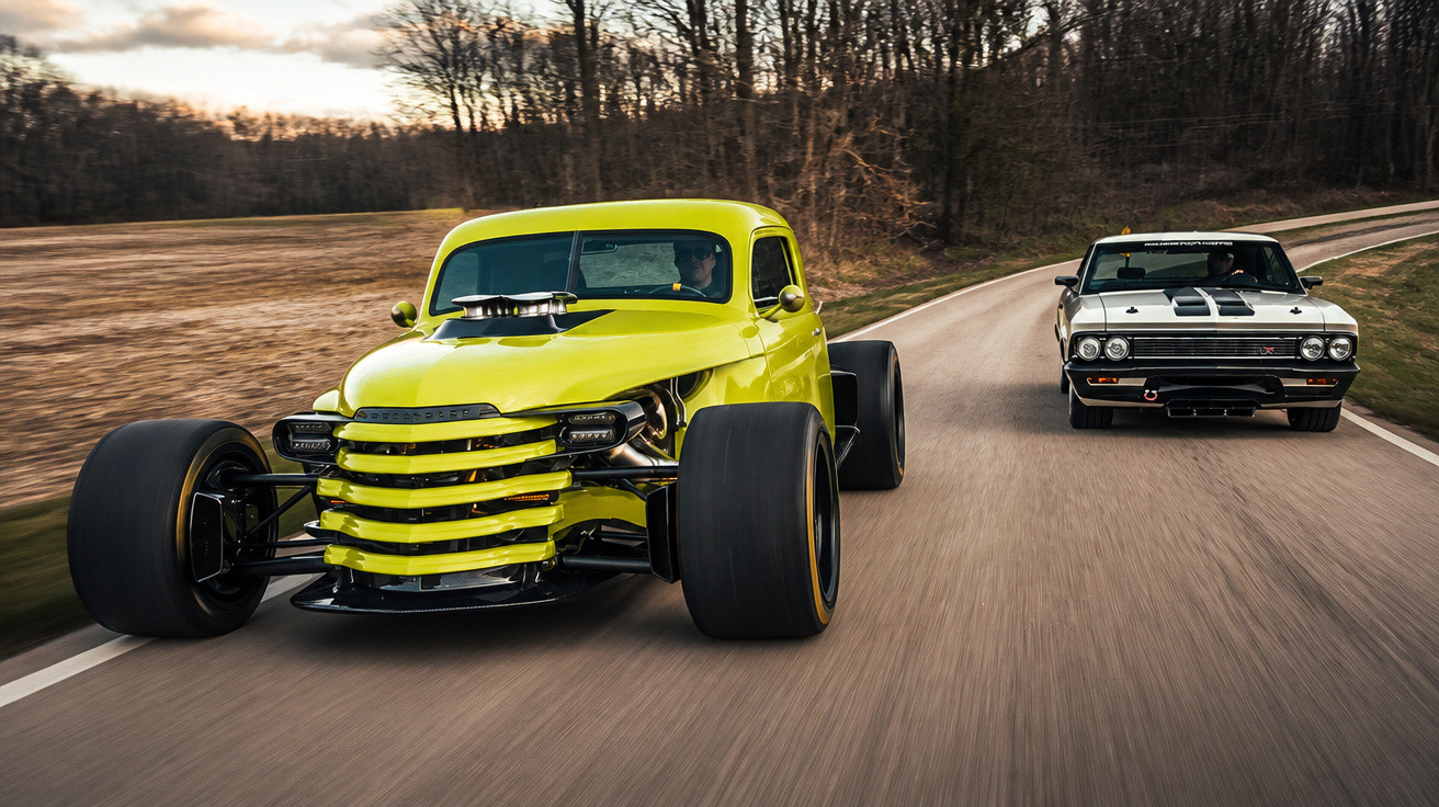 Zwei schnell fahrende klassische Muscle Cars, ein gelber Hot Rod und ein weißer Sportwagen, auf einer Landstraße bei Abendlic